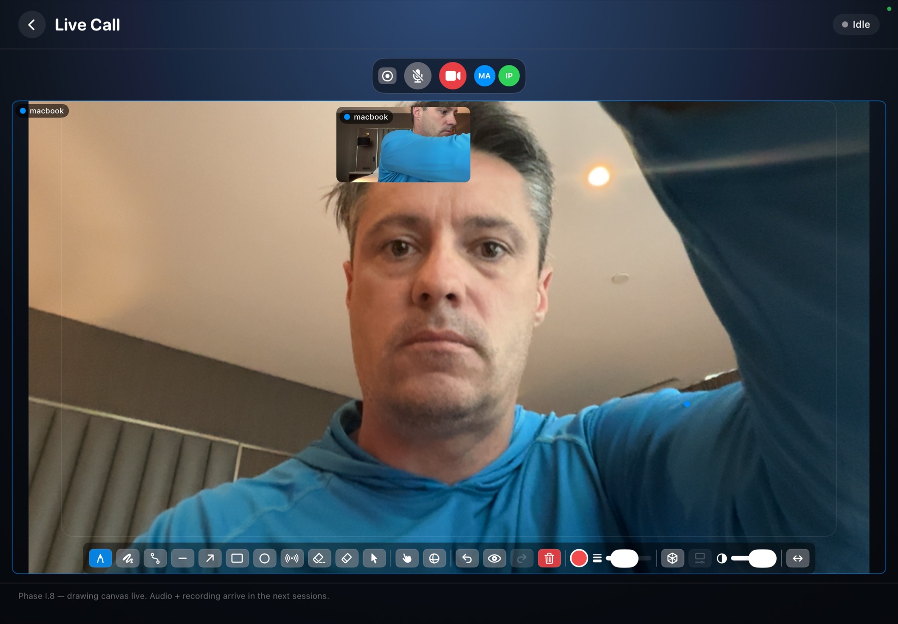 iPad call layout: full-screen self view with the remote guest's picture-in-picture parked next to the camera, and the glass drawing toolbar.