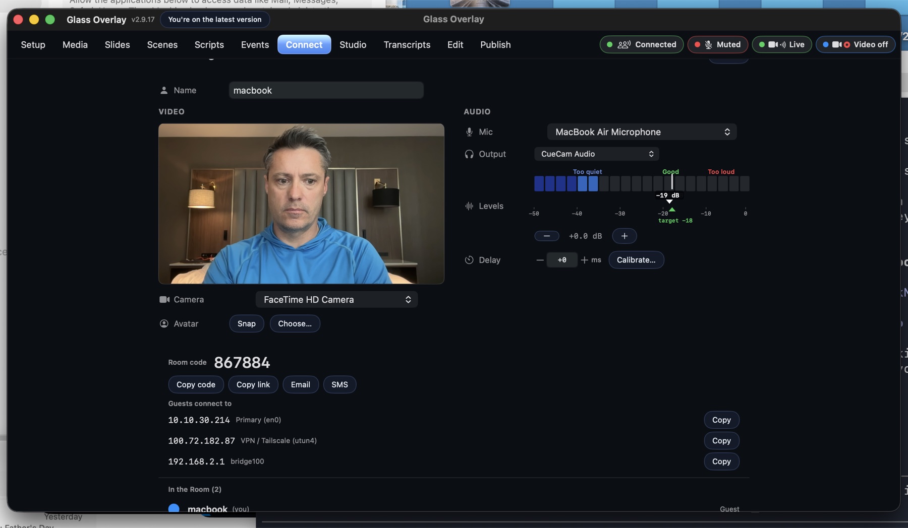 The Glass talent window: live camera with a 3D glider model, a red annotation circle, the drawing toolbar, and transport controls.