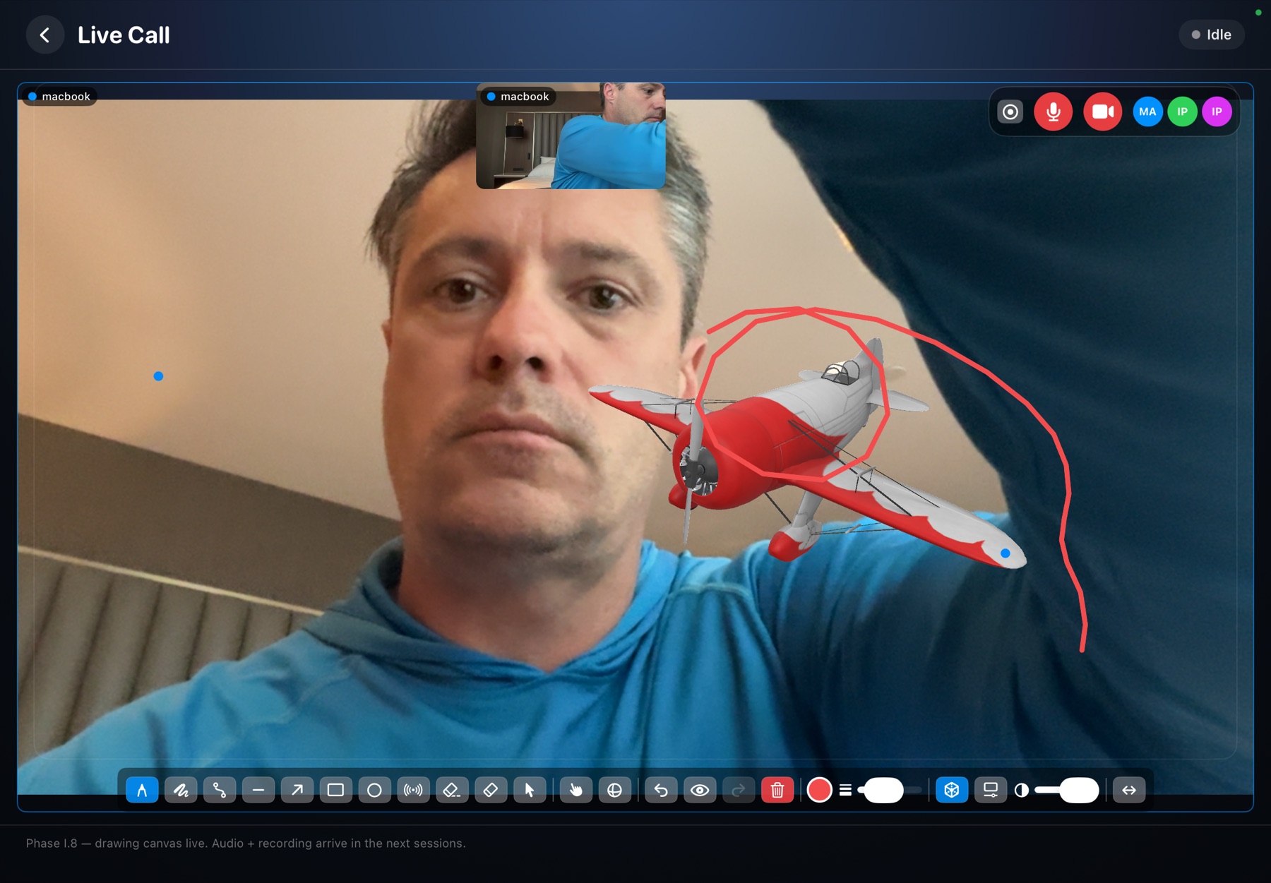 iPad Live Call view: full-screen camera with a 3D glider model and a drawn circle, a Mac-parity drawing toolbar, and a peer picture-in-picture at the top.