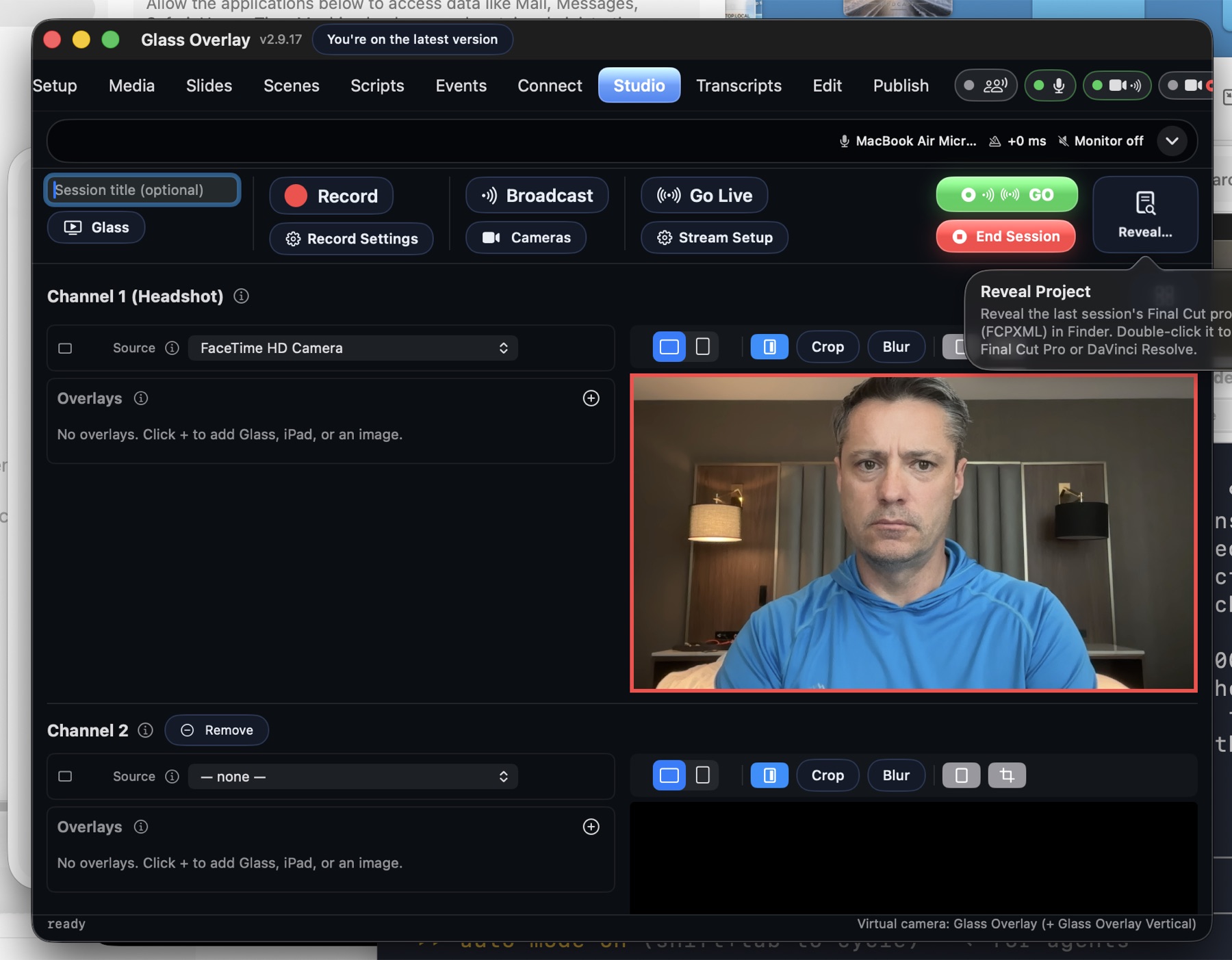The Studio page on Mac: channel strips with a Record, Broadcast, and Go Live transport bar.
